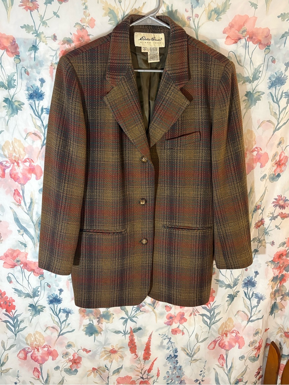 Vintage Eddie Bauer Women's Brown Plaid Wool Blend Blazer Jacket